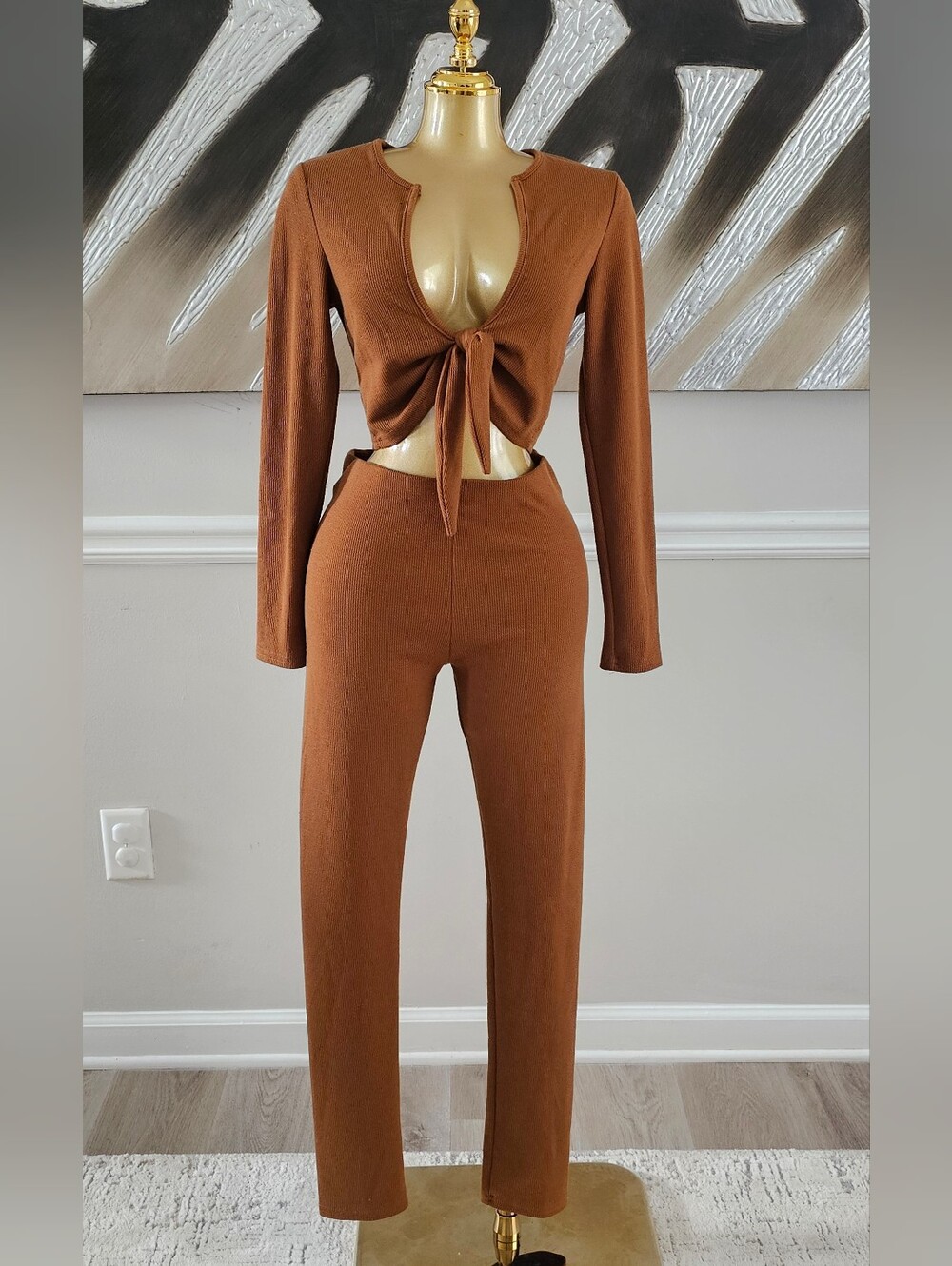 Better Be Brown Ribbed 2-Piece Tie Front Crop Top & Pants Set Size M/L